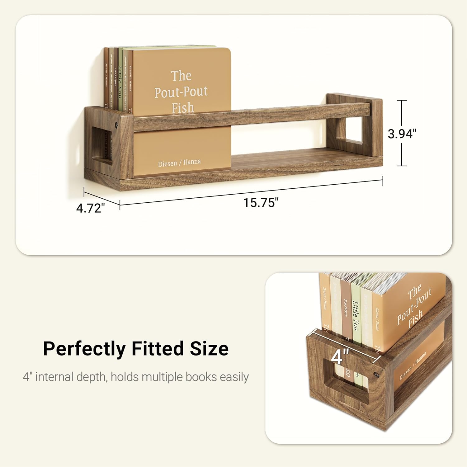 Upgraded Thick Floating Shelves, Solid Wood Bookshelf for Wall, Floating Book Shelves Use as Wall Shelves for Bedroom, Kids Room, Nursery, Books, Spice Rack & Decor – Dark Walnut Brown